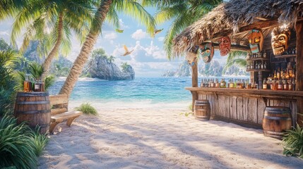 A wooden hut with tribal masks, known as a tiki bar, serves drinks and snacks on a summer beach. A modern cartoon tropical landscape with the sea, palm trees, and a cafe offering cocktails. An exotic