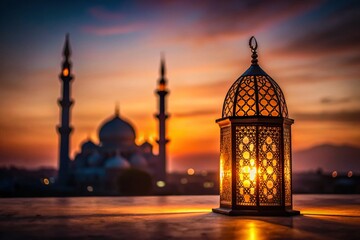 Minimalist Night Scene: Glowing Lantern & Mosque Silhouette