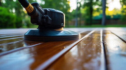 Fototapeta premium A close-up of a powerful electric sander smoothing out a wooden deck surface, creating a refined and polished look, symbolizing craftsmanship.