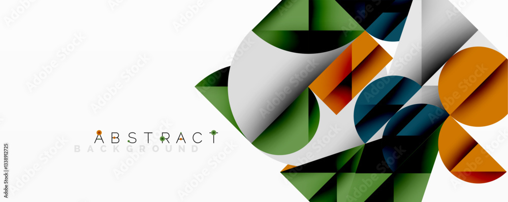 Poster Abstract geometric design with intersecting circles, triangles, squares and sharp angles creating a layered composition with gradients, depth, and contrast