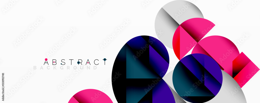 Poster Modern abstract composition with layered circles and angular segments featuring gradients, transparency effects, and a structured geometric layout
