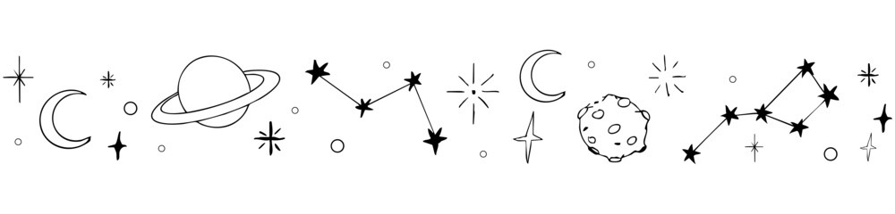 Celestial doodle border, falling star blink divider. Hand drawn ornament with stars, planets, meteorite and moon. Space magic simple decor. © Alyona