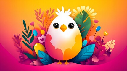 Fototapeta premium Stylized cartoon egg chick stands amid vibrant foliage and colorful eggs set against a gradient backdrop of orange and pink hues, creating a festive s
