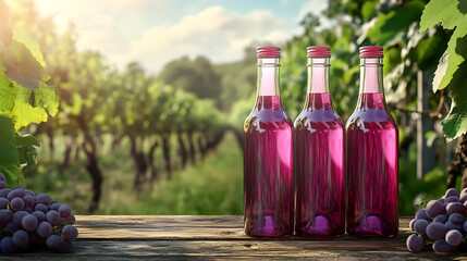 grape juice bottles mockup on wooden table in grape orchard background. Three glass bottles template