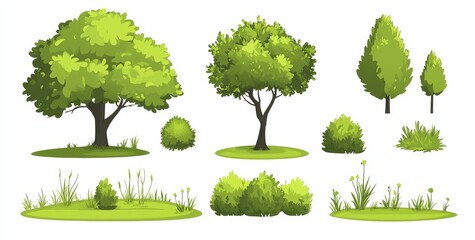 Fototapeta premium Uncluttered, flat landscape with bushes, shrubs, trees, grasses, wild plants, and flowers