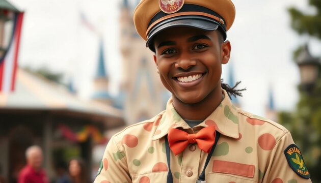 Cheerful park guide welcoming visitors amusement park portrait daytime close-up hospitality
