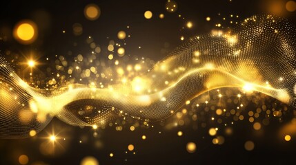Fototapeta premium In a contemporary illustration, a magic wand trace and a magician's spell are represented by a golden wave and glowing gold stars on a black background, with a wizard or fairy casting shining