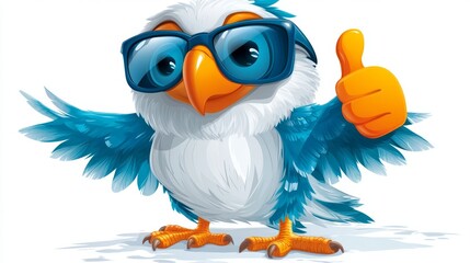 Fototapeta premium The cartoon portrays a cute eagle with sunglasses and a thumbs up gesture