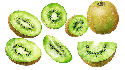 Fototapeta premium Set of kiwi fruits. Watercolor illustration. Collection of fruits. Isolated on white background. Hand paint.