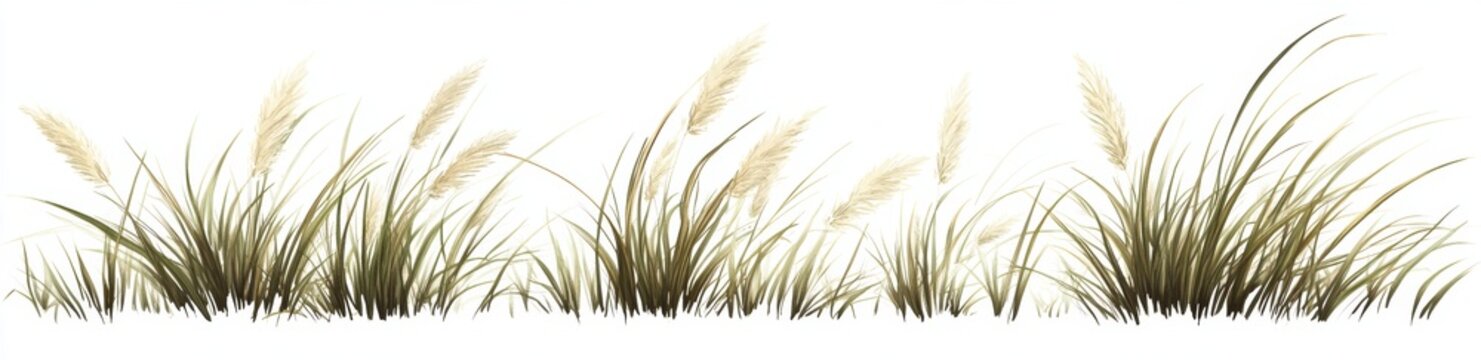 An informative collection of native prairie grasses, including bluestem, prairie dropseed, and Indian grass, isolated on a clear background