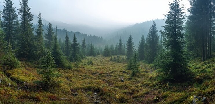 Fog enveloping majestic pine trees in a mountain forest landscape