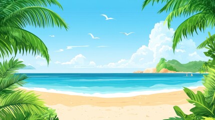 Fototapeta premium Tropical beach scene framed by palm trees, sunny day, ocean view
