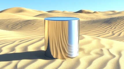 A reflective cylinder stands alone on a golden sandy landscape under a clear blue sky, creating a serene and futuristic atmosphere.