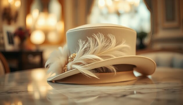 Elegant Feathered Hat on a Table with Blurred Warm Lighting and Reflections - Powered by Adobe
