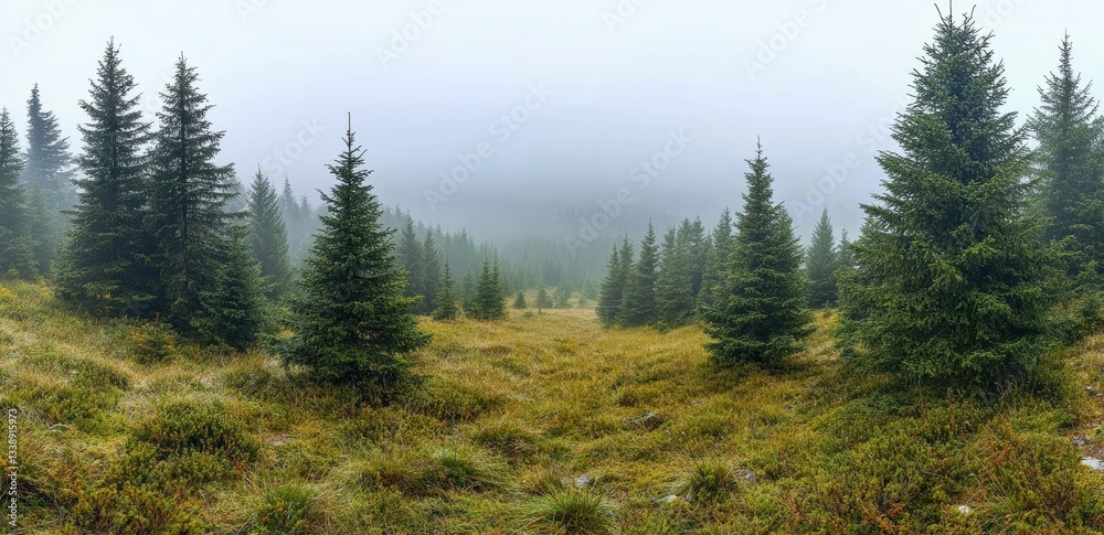 Poster fog enveloping spruce trees in a mountain forest landscape