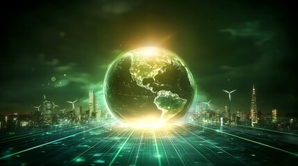 Naklejka premium Futuristic eco friendly metropolis with AI powered renewable energy management system Skyscrapers covered in solar panels wind farms on the outskirts