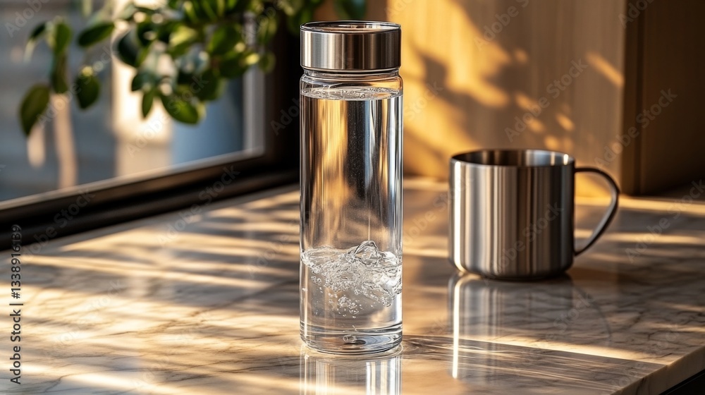Poster light filters through a window, casting shadows on a marble countertop. a clear water bottle stands 