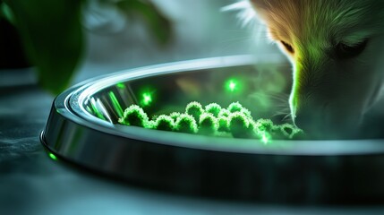 A visually engaging image of a dog curiously investigating green particles in a dish, representing the bond between pets and environmental awareness in a surreal artistic style.