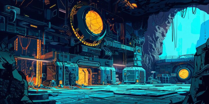 Supervillain's lair with high-tech defenses, comic art style, 4K illustration