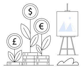 Currency signs on plants sprouting from stacked coins beside an easel with a chart. Ideal for investment, financial growth, business strategy, economics, currency exchange, savings, wealth planning