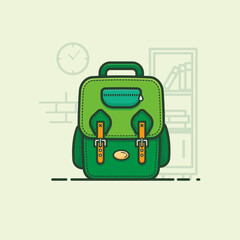 Green Backpack Illustration with Bookshelf and Clock