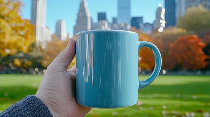 Obraz premium Hand Holding Light Blue Mug in Autumn Park with City Skyline
