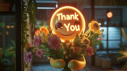 A glowing sign with flowers expressing a sincere thank you
