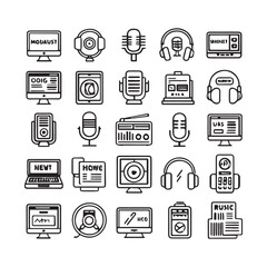 Podcast set of web icons in line style. Podcast radio linear icon collection. Containing microphone, radio, webcast, broadcast, audio, channel, video, headphones.