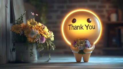 An illuminated animated figure offering flowers with gratitude expression