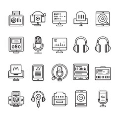 Podcast set of web icons in line style. Podcast radio linear icon collection. Containing microphone, radio, webcast, broadcast, audio, channel, video, headphones.