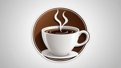 White coffee cup with steam in a brown circle, simple design