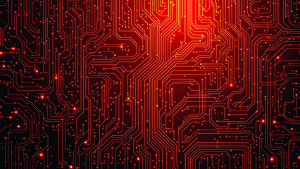 Circuit Board Pattern Forming Red Curtain Shape with Electronic Pathways and Digital Elements