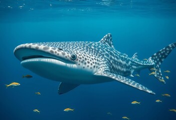 Majestic Whale Shark Gracefully Navigates the Azure Depths, Accompanied by a School of Small, Vibrant Fish