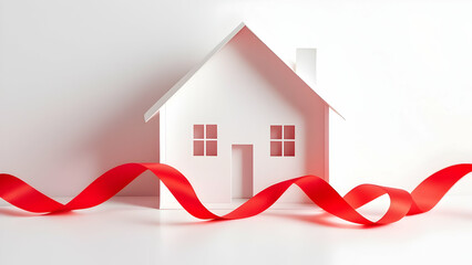 Paper Craft Style White Modern House with Folded Red Ribbon Creating Shadow Effects