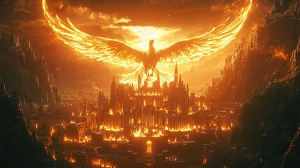 Obraz premium Fiery Phoenix over Burning Cityscape