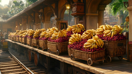 Fruit Display On Wooden Carts At Train Station