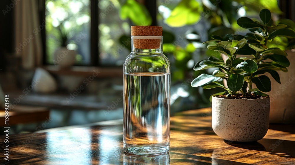 Poster sunlight filters through large windows, illuminating a glass water bottle with a cork lid on a woode