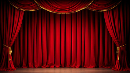 Luxurious Velvet Red Stage Curtains with Gold Tassels and Rope Tie-Backs Opening Dramatically