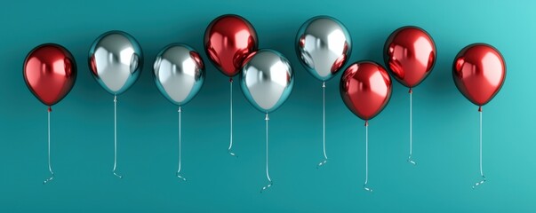 A vibrant arrangement of glossy red and metallic balloons against a teal background, creating a festive and cheerful atmosphere.