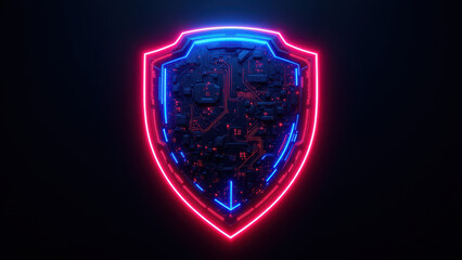 Fototapeta premium Neon sign with a shield-like shape filled with a cybernetic cityscape on a dark background, symbolizing cybersecurity and technology.