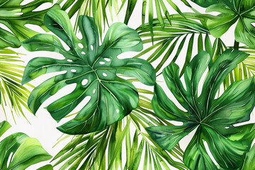 Lush green seamless pattern featuring tropical leaves capturing nature's vibrancy