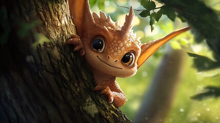 An adorable cartoon creature peeks out from the tree branch