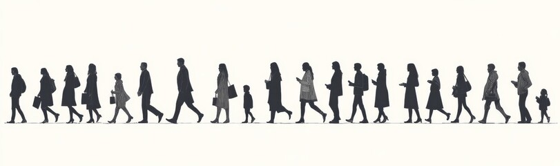 A monochrome modern illustration of men and women standing and walking, rendered in a simple line art style with a hand-drawn sketch, featuring isolated black lines