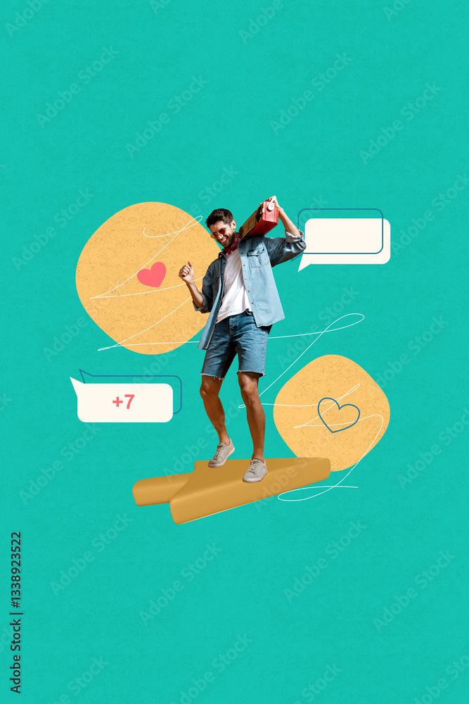 Poster poster image vertical photo collage of happy guy hold boombox dance cursor arrow click heart notific