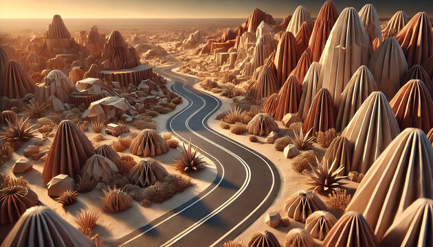 Origami desert landscape with winding road, paper mountains, trucks, and clouds in warm earthy tones