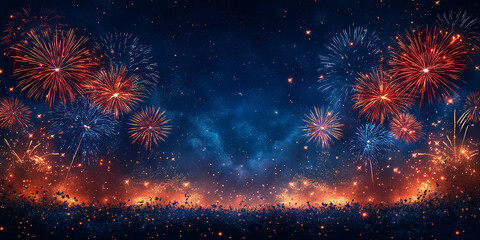 Fototapeta premium Vintage fireworks pattern, stars and stripes of the US flag on a blue background. Independence Day. Space for the text.