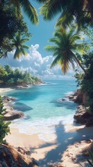Tropical Paradise: A breathtaking vista unfolds with turquoise waters gently lapping against a pristine sandy beach, framed by lush palm trees under a vibrant blue sky.