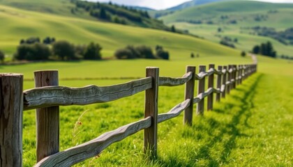 Fototapeta premium Scenic rural landscape with wooden fence green fields photographic view nature tranquility