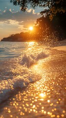 Golden Hour Coastal Embrace: Witness a breathtaking sunset over a tranquil beach as the golden rays paint the sky, illuminating the waves, creating a serene, idyllic, and dreamlike atmosphere.