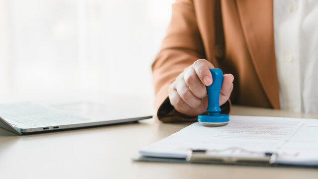Approval and certification concept. Professional stamping documents for official verification, compliance, business authorization, legal validation, contract approval, and administrative paperwork.